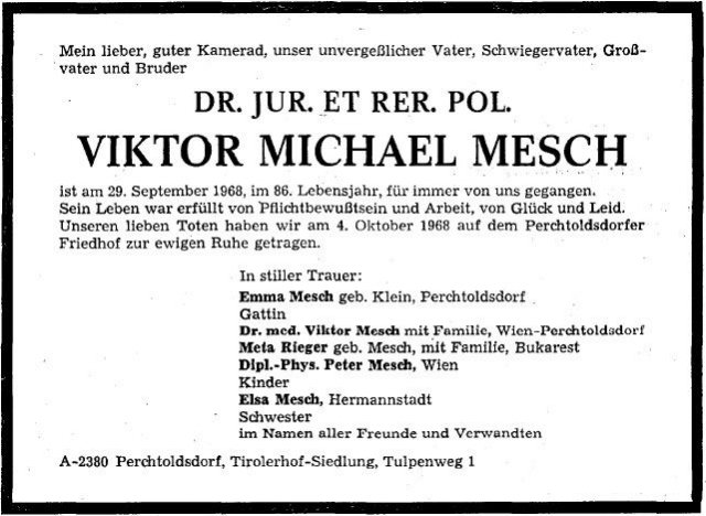 Mesch Viktor Michael 1883-1968 Todesanzeige